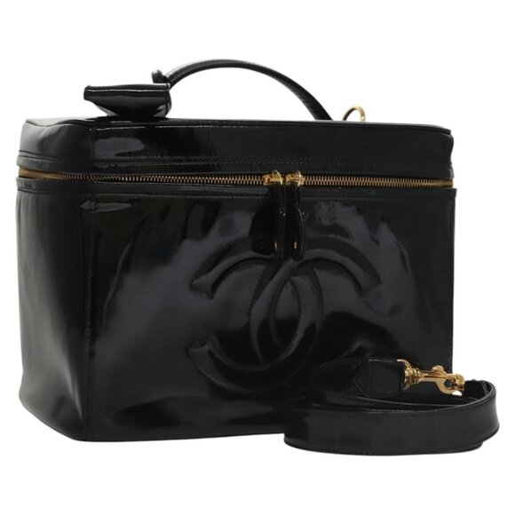 CHANEL Vanity Hand Bag Patent leather 2way Black Gold CC Auth bs21681V - Picture 1 of 16